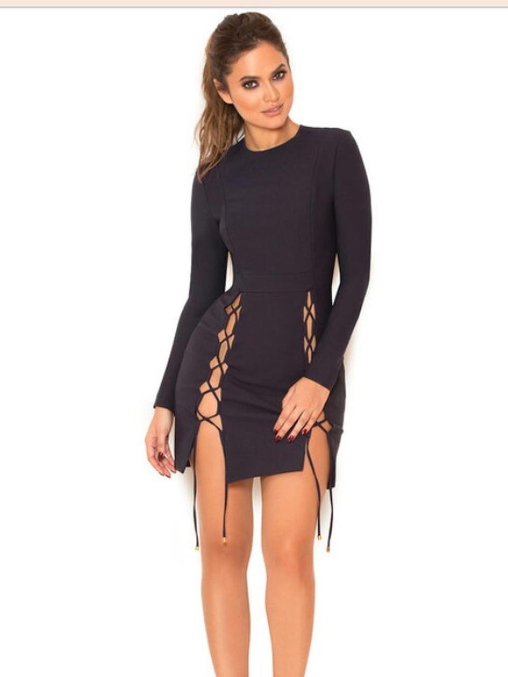 House of CB Black Long-Sleeve Lace-Up Mini Dress